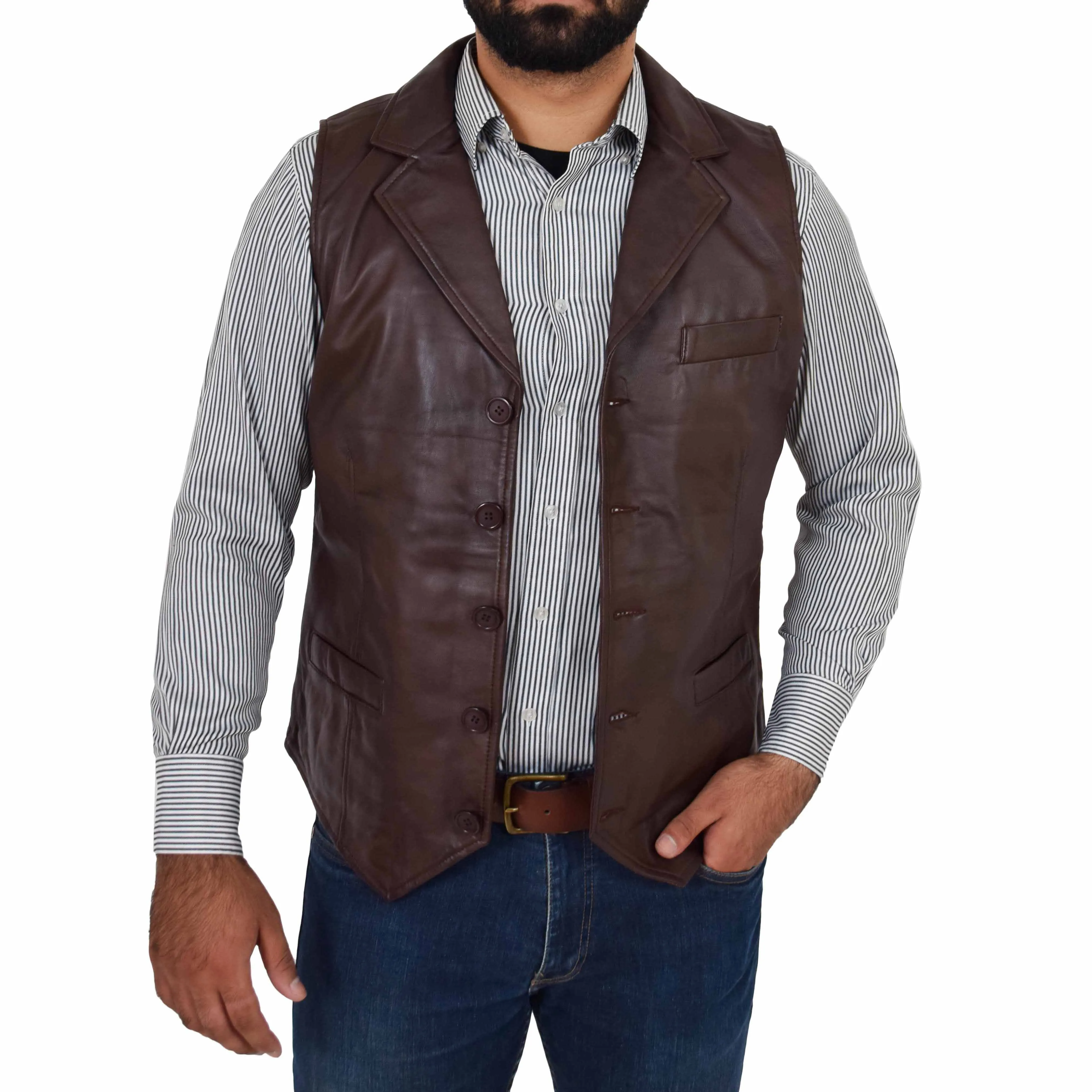 Mens Leather Buttoned Waistcoat Gilet Calvin Brown