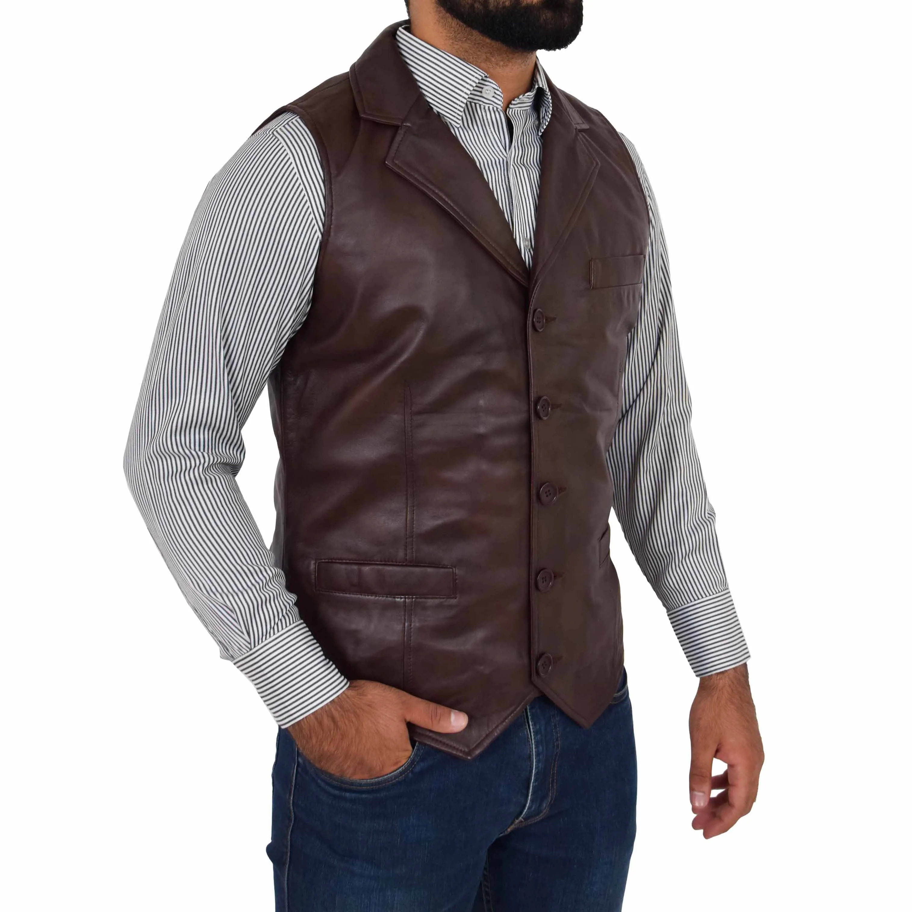 Mens Leather Buttoned Waistcoat Gilet Calvin Brown