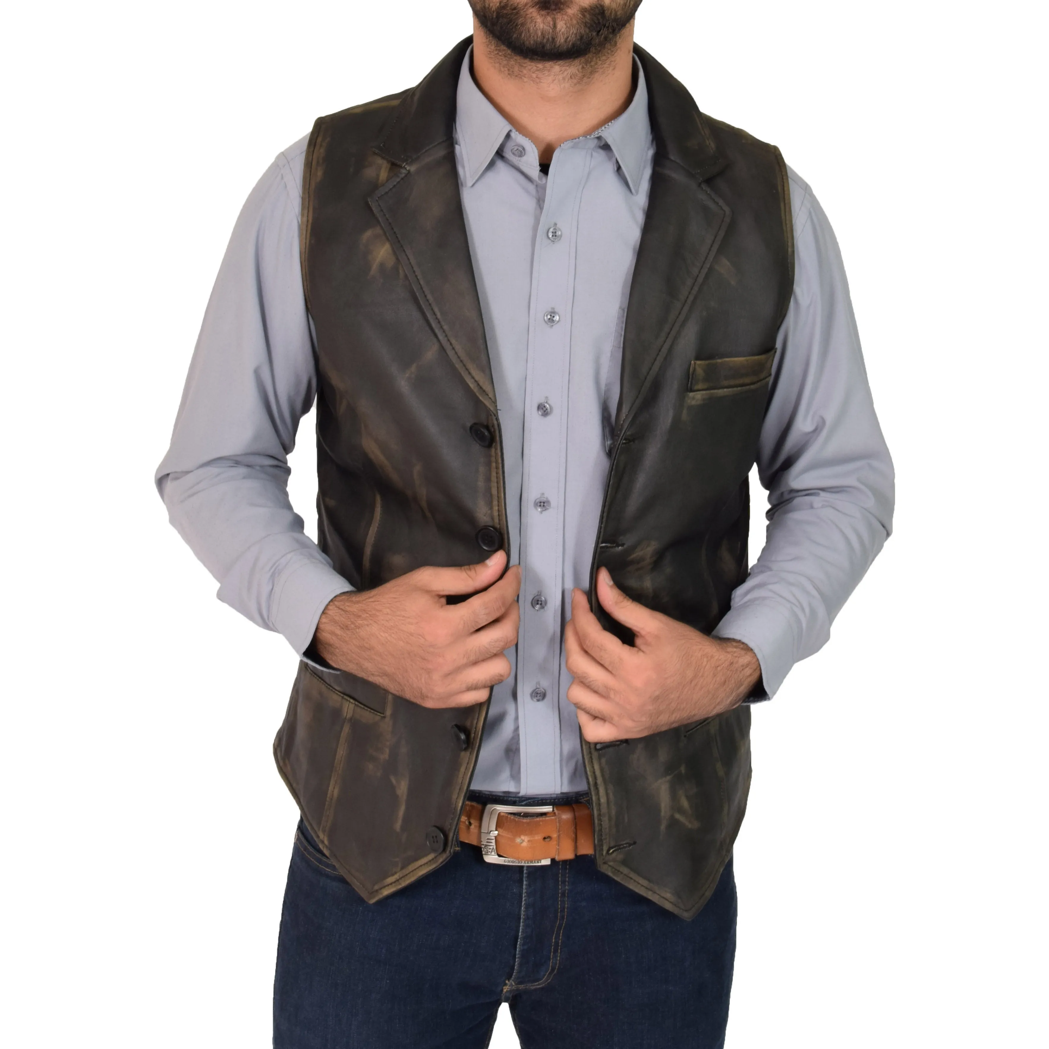 Mens Leather Buttoned Waistcoat Gilet Calvin Rub Off