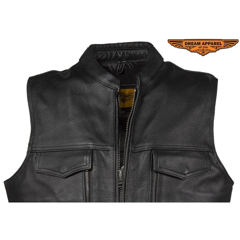 Men's Leather Club Vest With Gun Pocket & Hidden Pockets