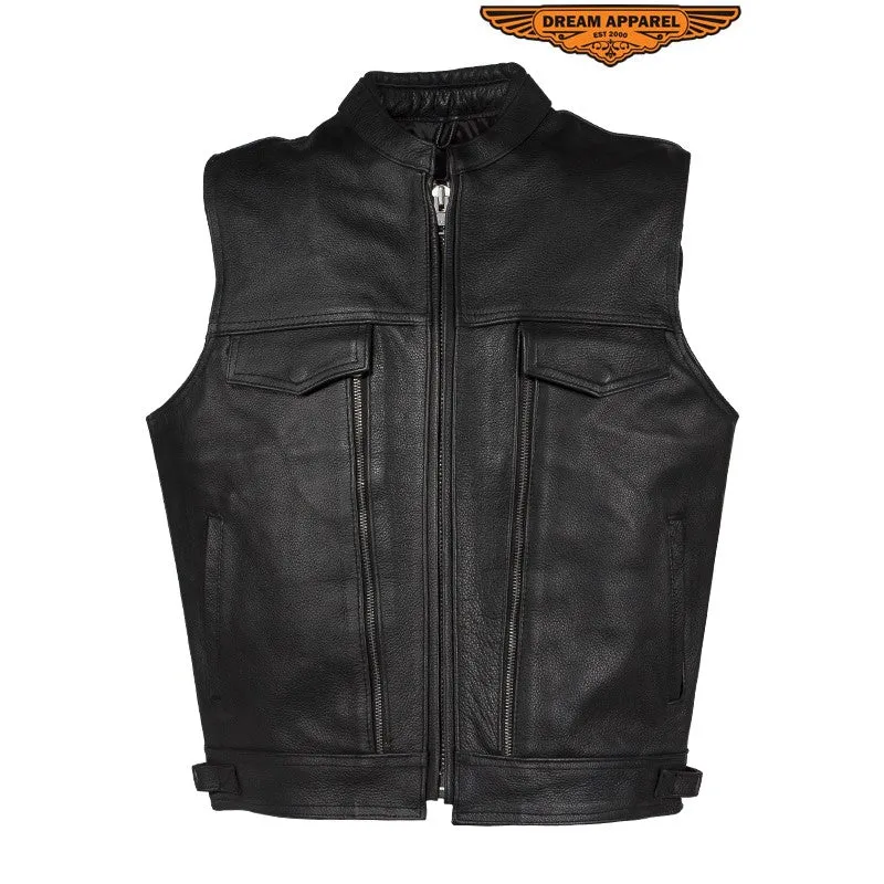 Men's Leather Club Vest With Gun Pocket & Hidden Pockets