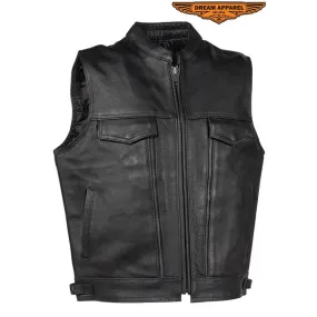 Men's Leather Club Vest With Gun Pocket & Hidden Pockets