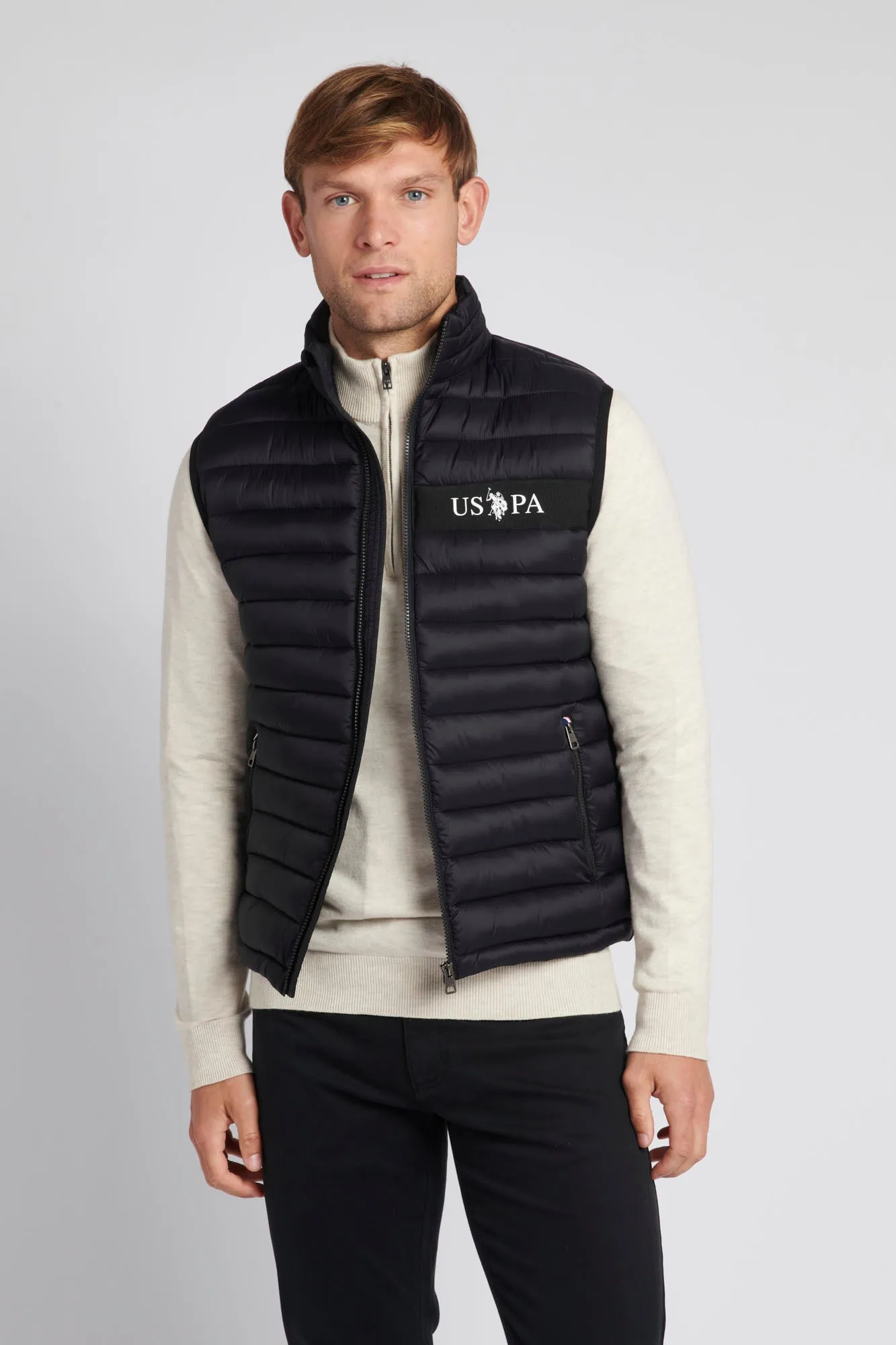 Mens Lightweight Quilted Tape Gilet in Black / Marshmallow