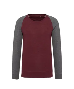 Mens two-tone organic crew neck raglan sleeve sweatshirt | Wine Heather/Grey Heather