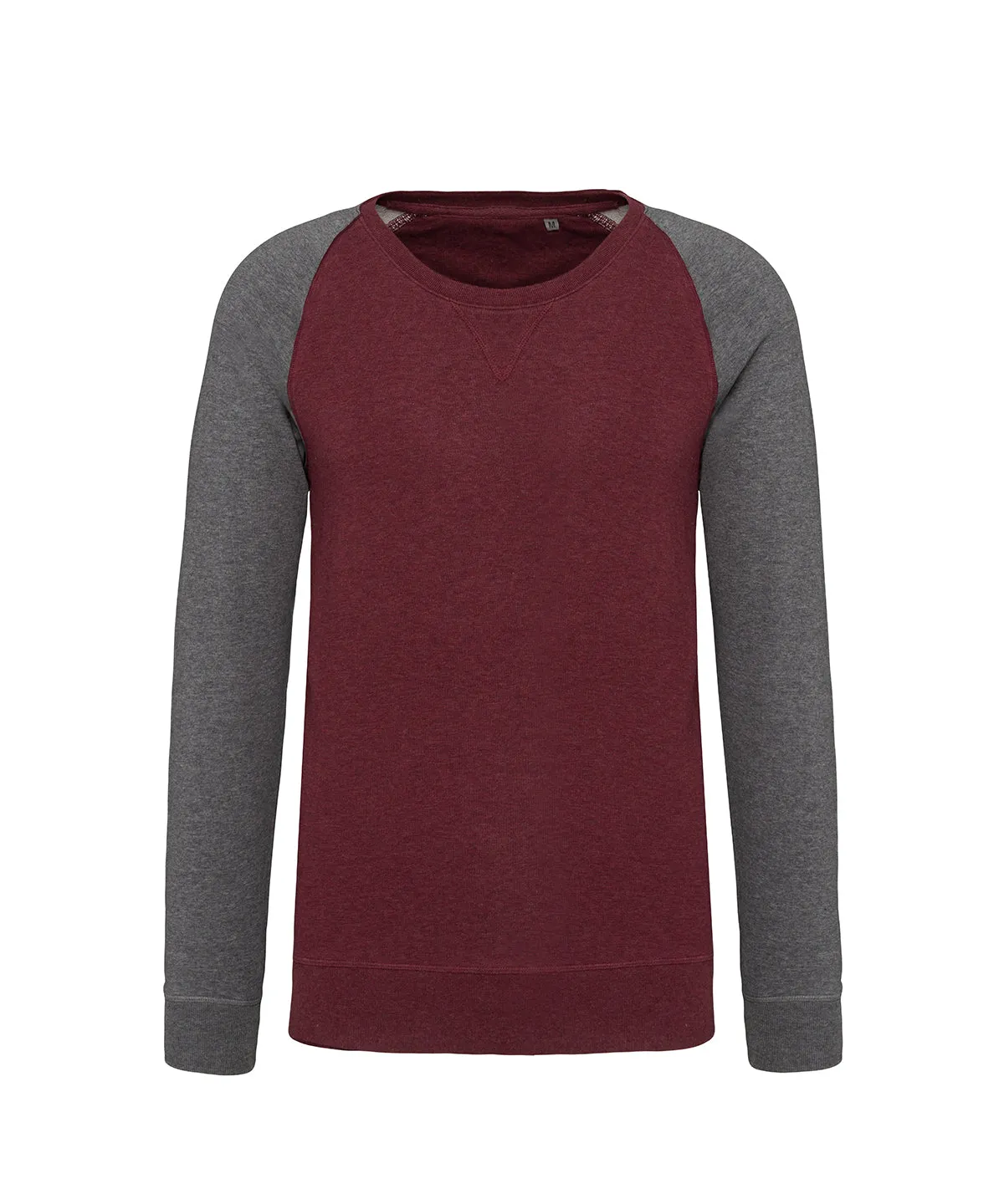 Mens two-tone organic crew neck raglan sleeve sweatshirt | Wine Heather/Grey Heather