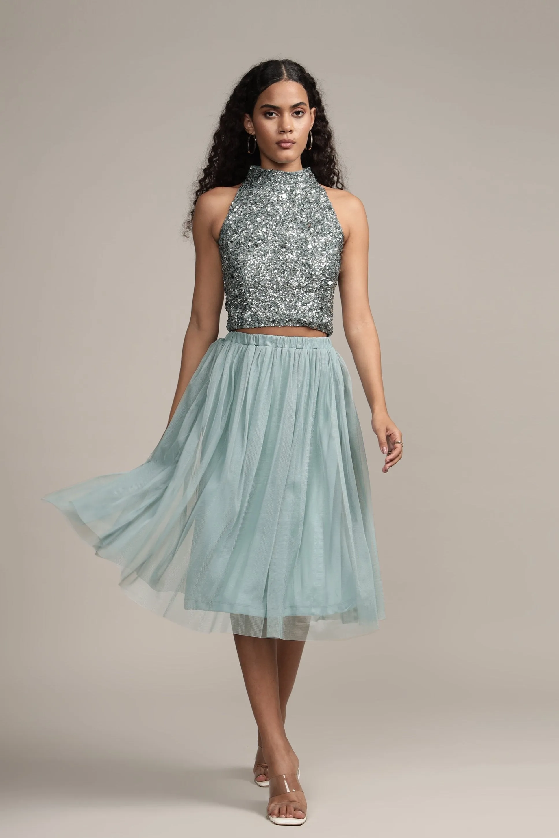 Merlin Teal Tulle Midi Skirt