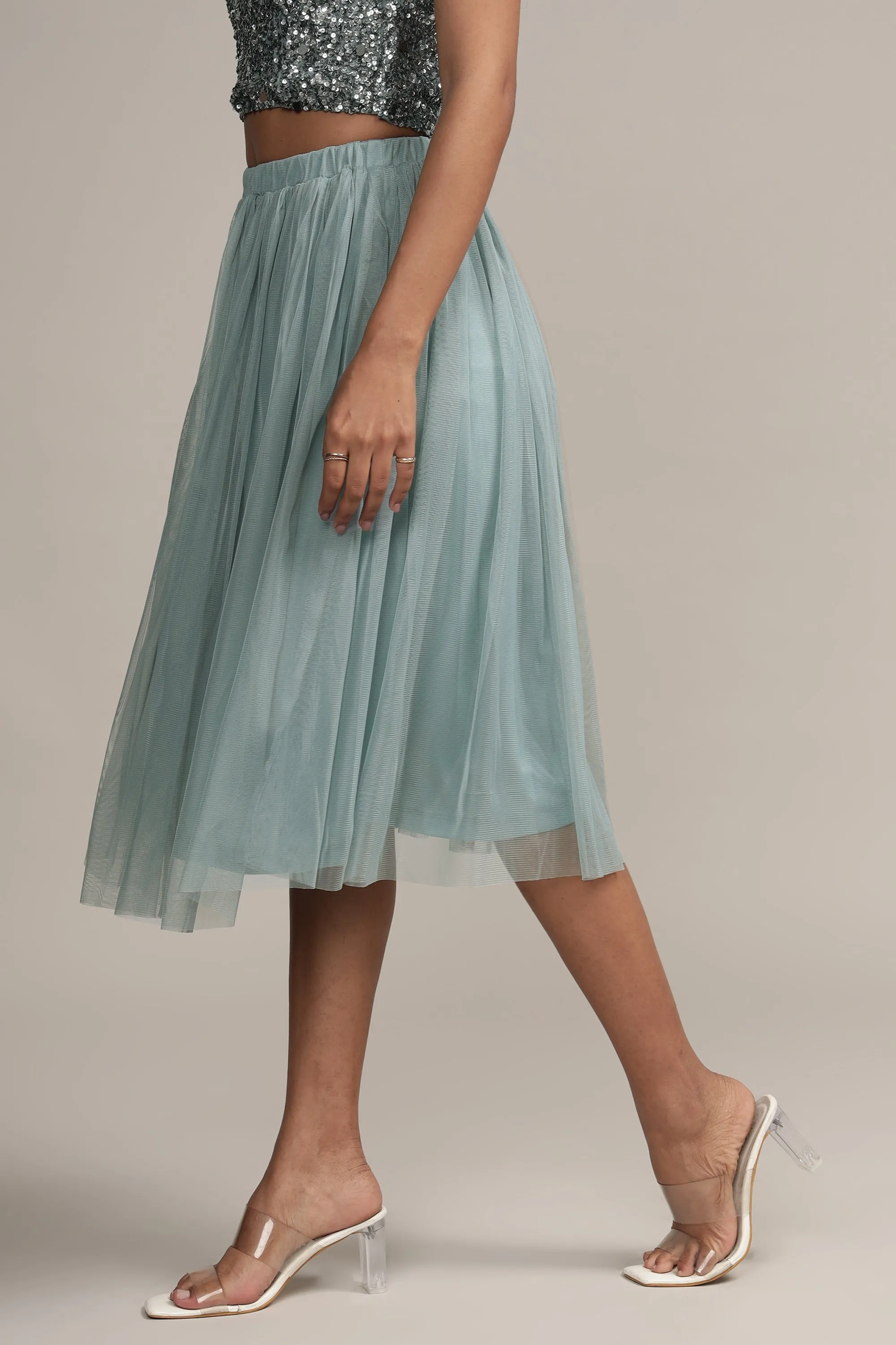 Merlin Teal Tulle Midi Skirt