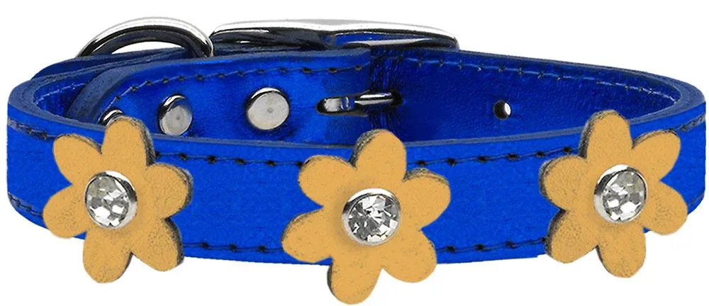 Metallic Flower Leather Collar Metallic Blue With Gold Flowers Size 10