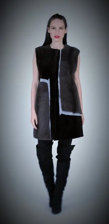 Mink vest with contrast color mink inserts