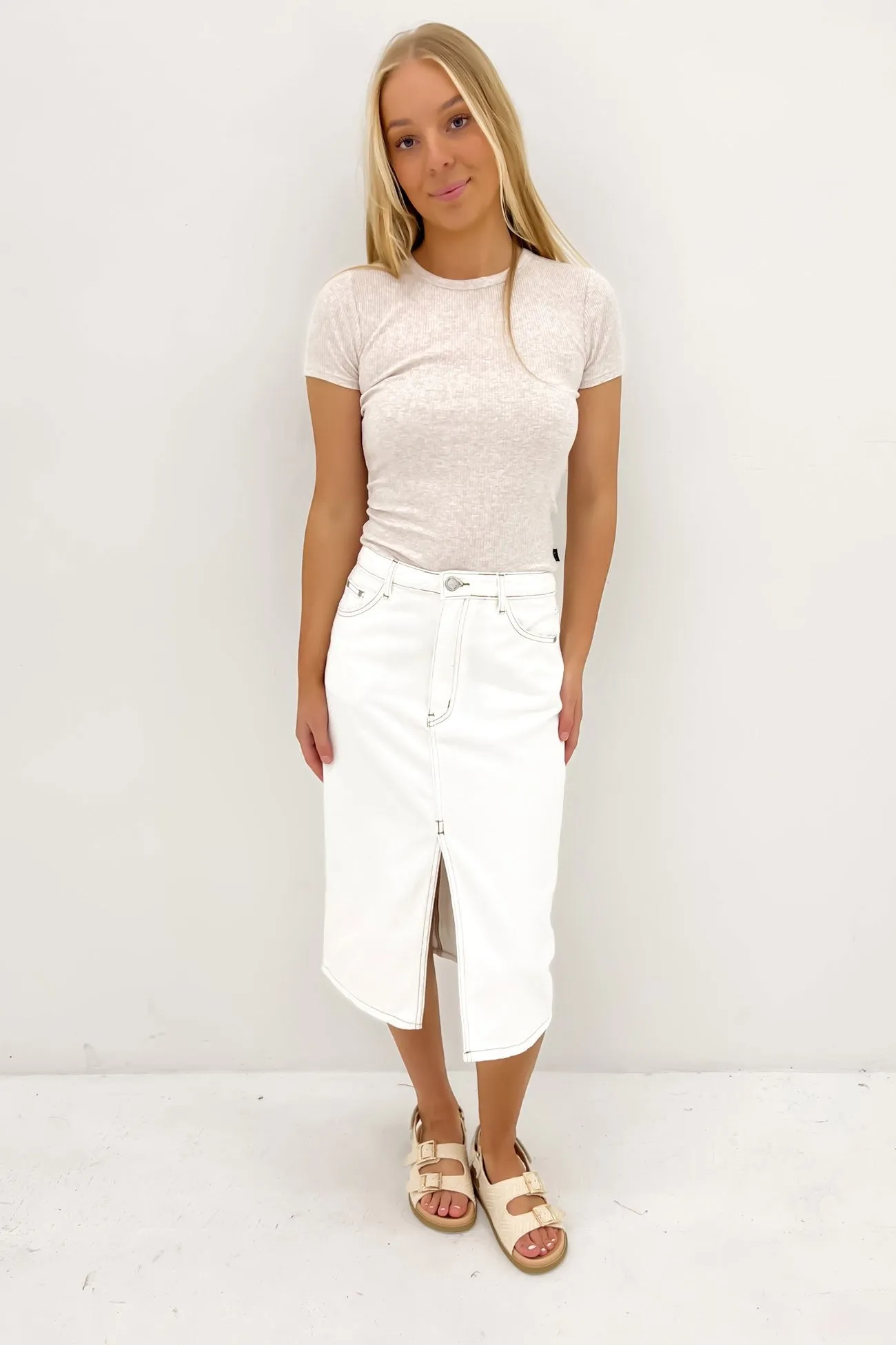 Nate Denim Midi Skirt White