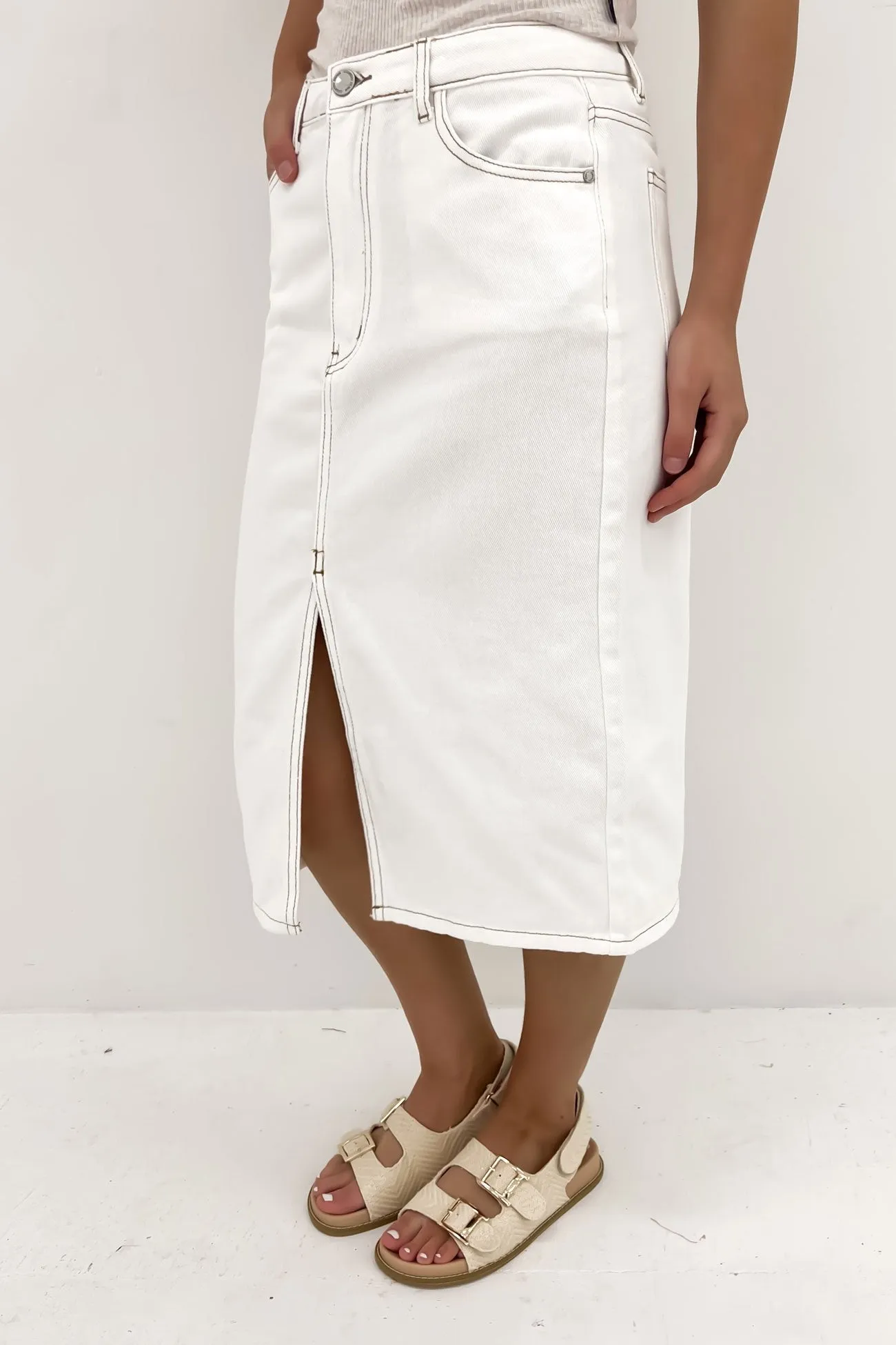 Nate Denim Midi Skirt White