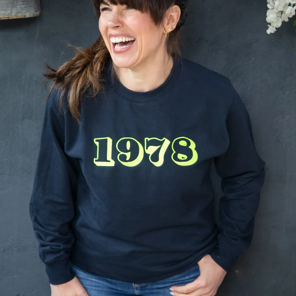 Neon Embroidered Year of Birth Navy Sweatshirt