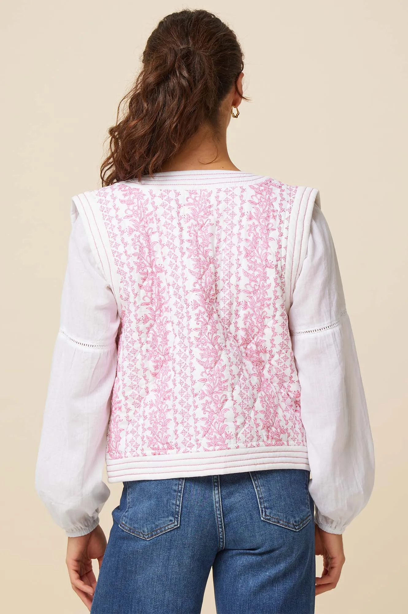 Nola Block Print Quilted Gilet | White/Pink