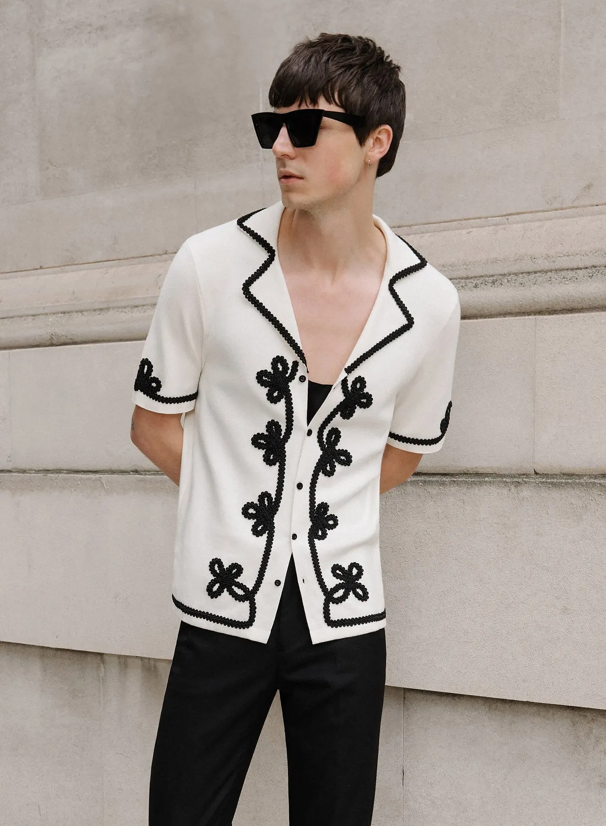 Off-White Embroidery Lace Knitted Cotton Polo