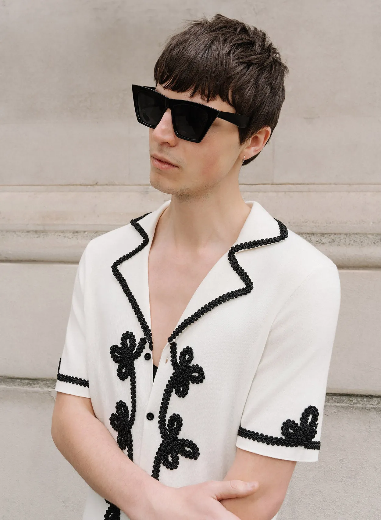 Off-White Embroidery Lace Knitted Cotton Polo