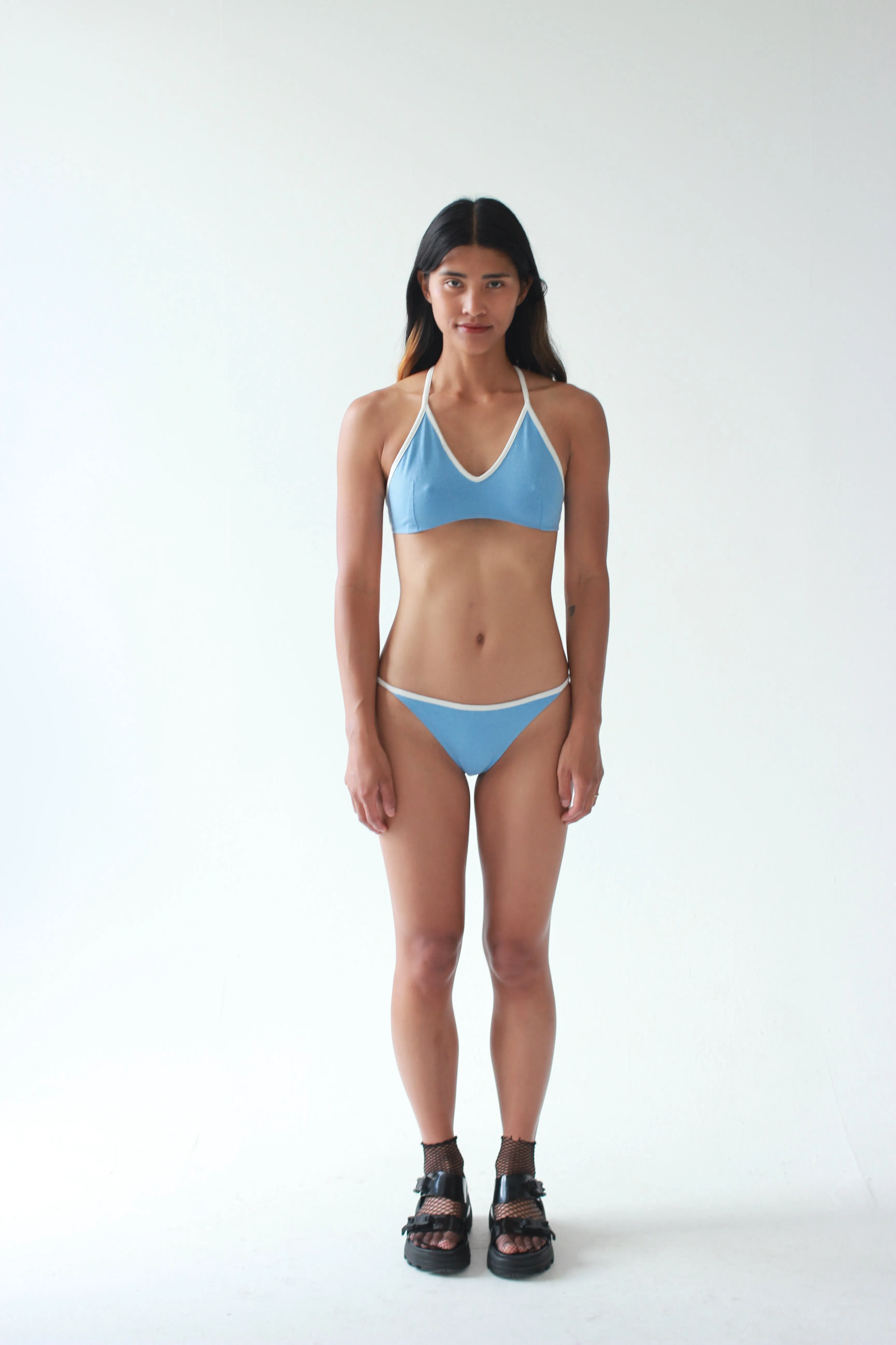 ONE STRING BIKINI TOP, TONIC BLUE WITH OFF WHITE BORDER