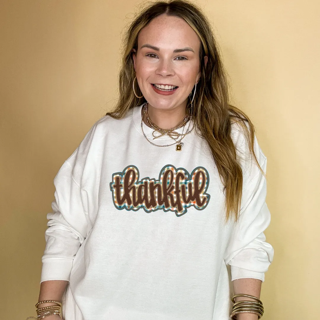 Online Exclusive | Thankful Plaid Patch Graphic Sweatshirt in Multiple Color Options