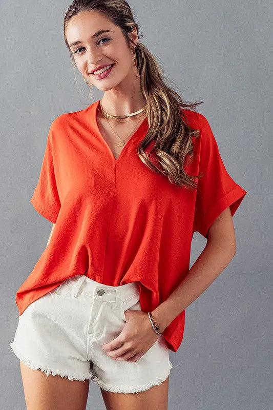 Oversized Vneck Folded Short Sleeve Top