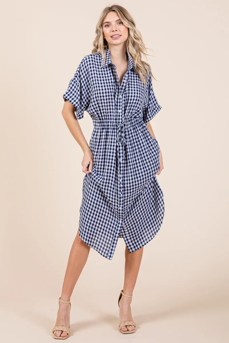 Plaid Short Sleeve Waist Tie Collared Shirt Dress