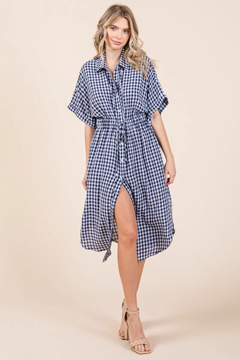 Plaid Short Sleeve Waist Tie Collared Shirt Dress