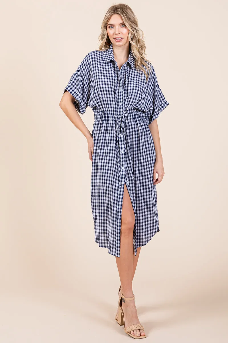 Plaid Short Sleeve Waist Tie Collared Shirt Dress