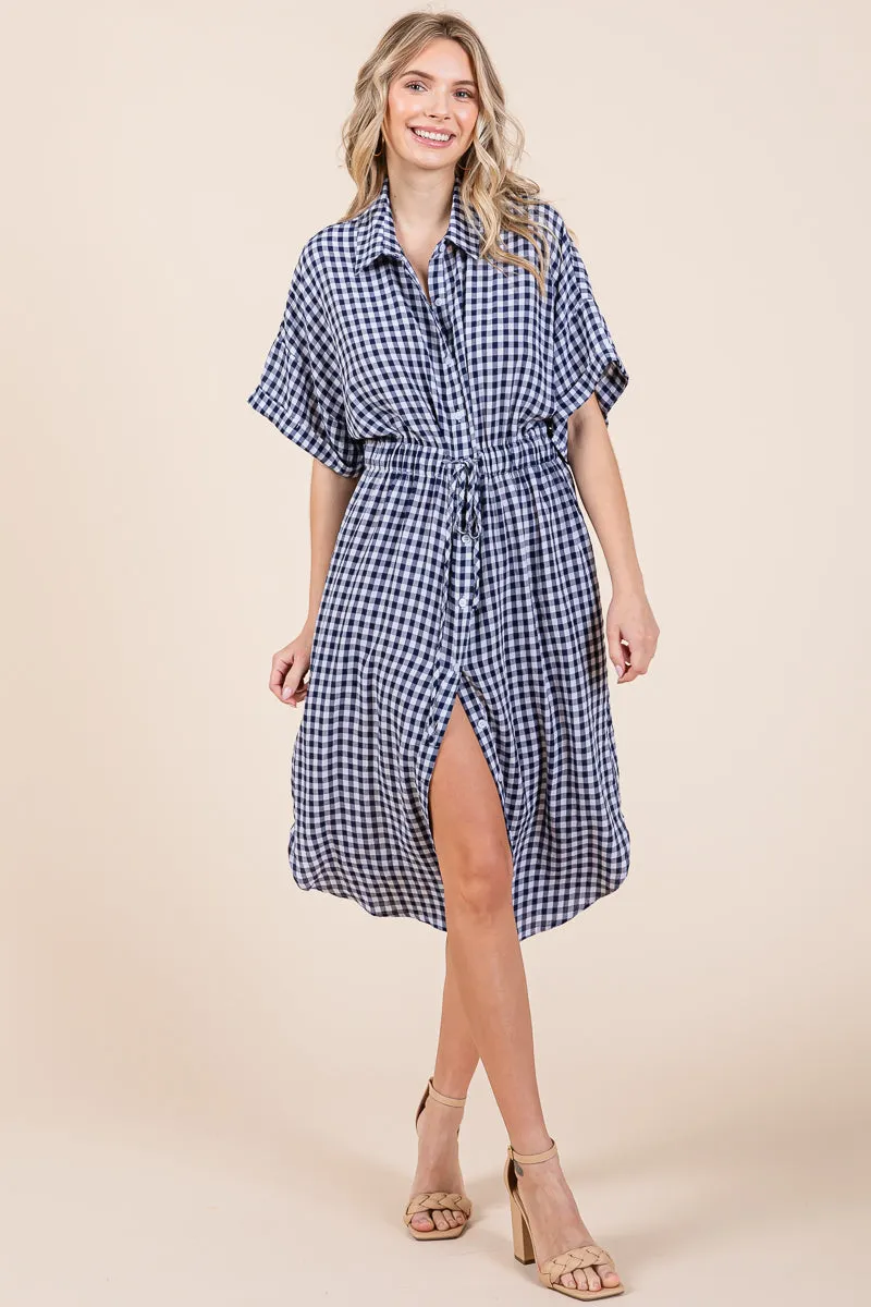 Plaid Short Sleeve Waist Tie Collared Shirt Dress