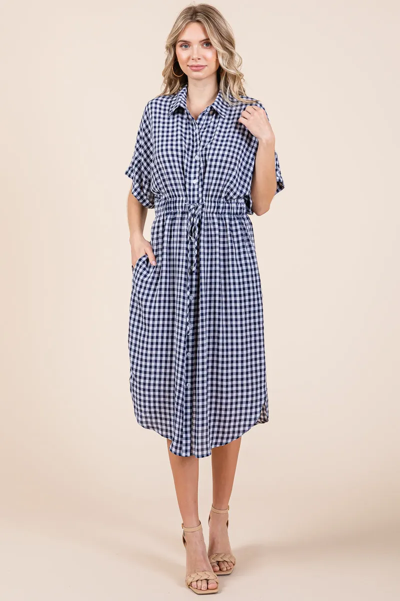 Plaid Short Sleeve Waist Tie Collared Shirt Dress