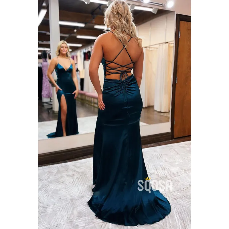 Plunging V-neck High Split Simple Prom Dress