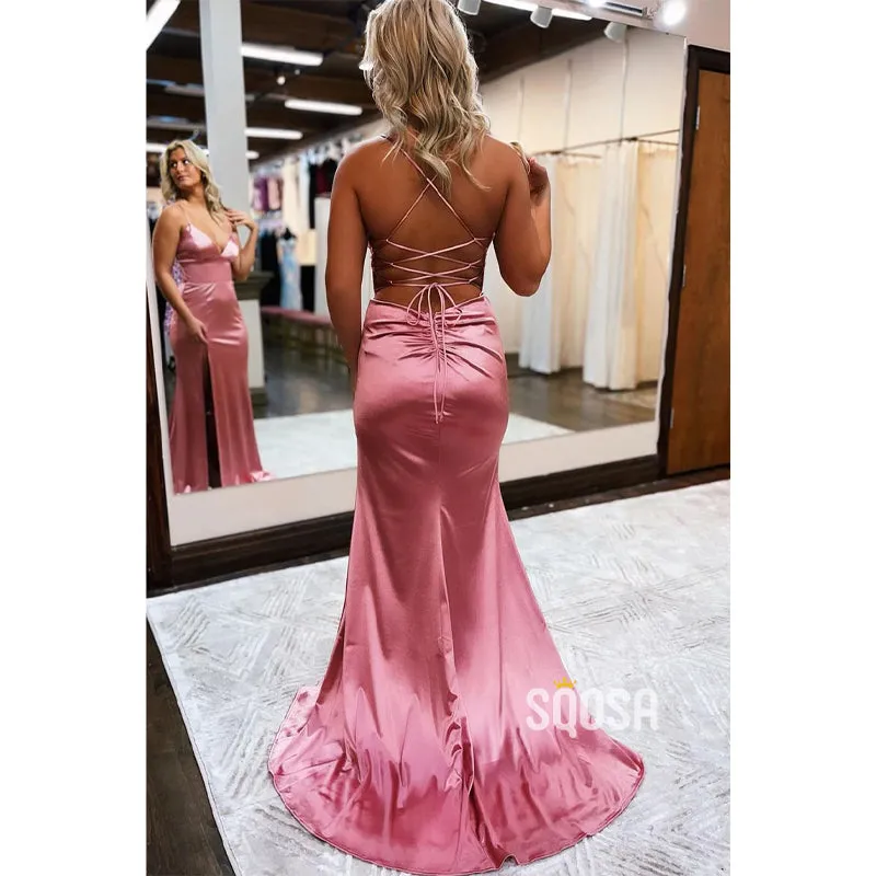 Plunging V-neck High Split Simple Prom Dress