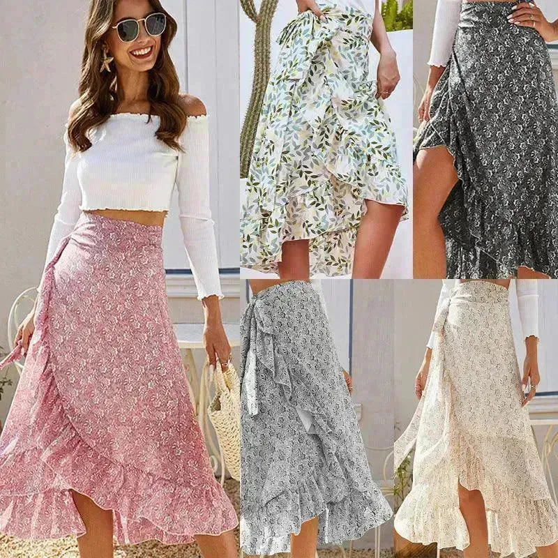 Printed Lace Up Split Expansion Midi  Floral Skirt With Lining