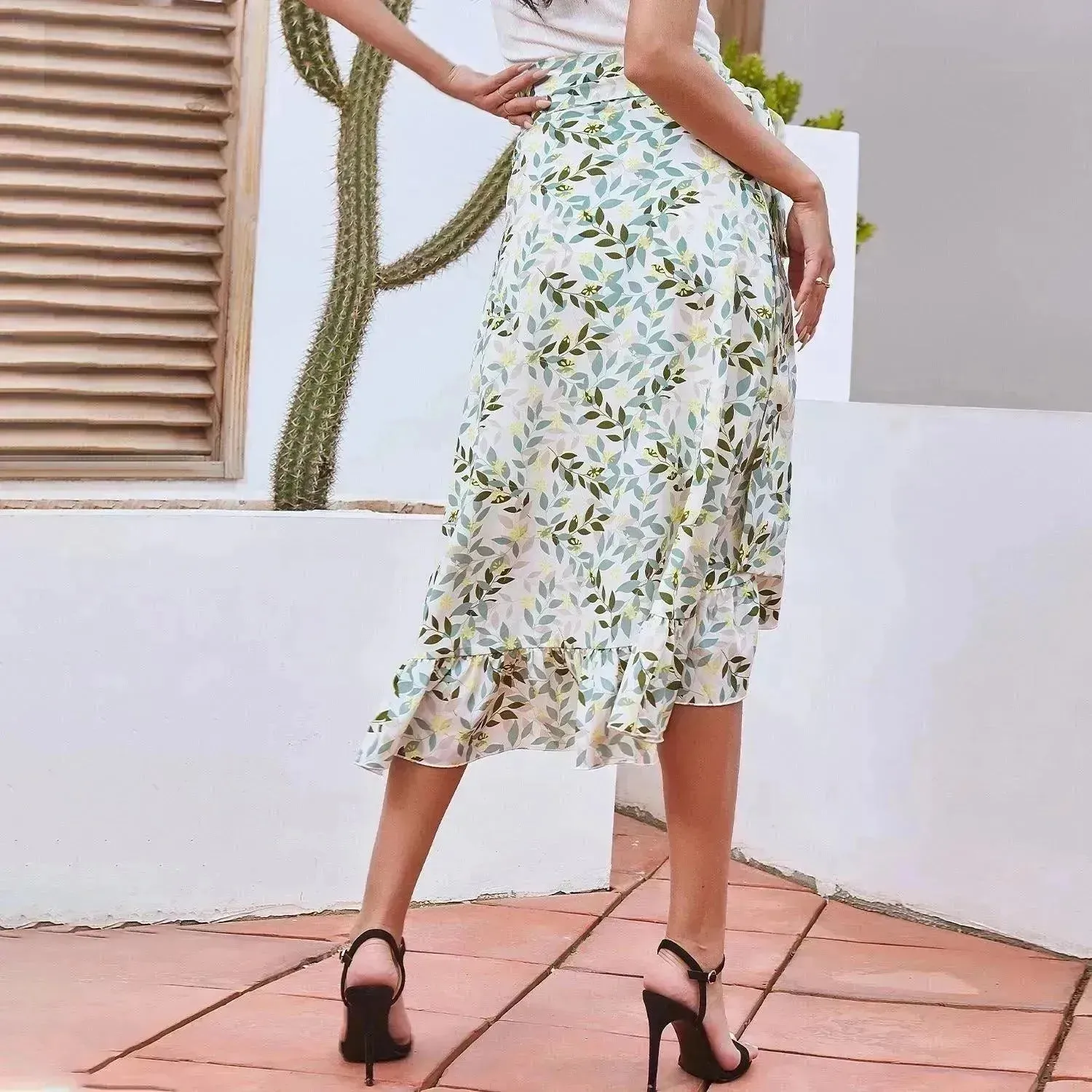 Printed Lace Up Split Expansion Midi  Floral Skirt With Lining