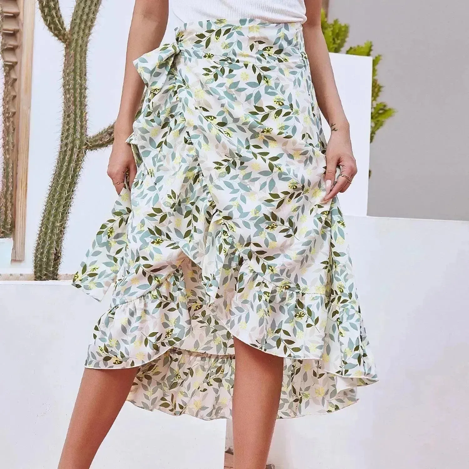 Printed Lace Up Split Expansion Midi  Floral Skirt With Lining