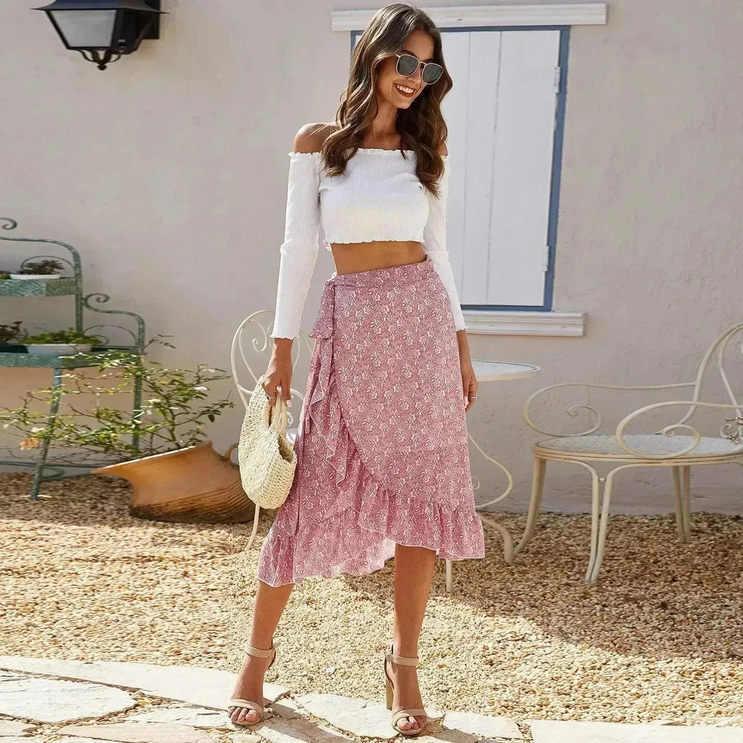 Printed Lace Up Split Expansion Midi  Floral Skirt With Lining