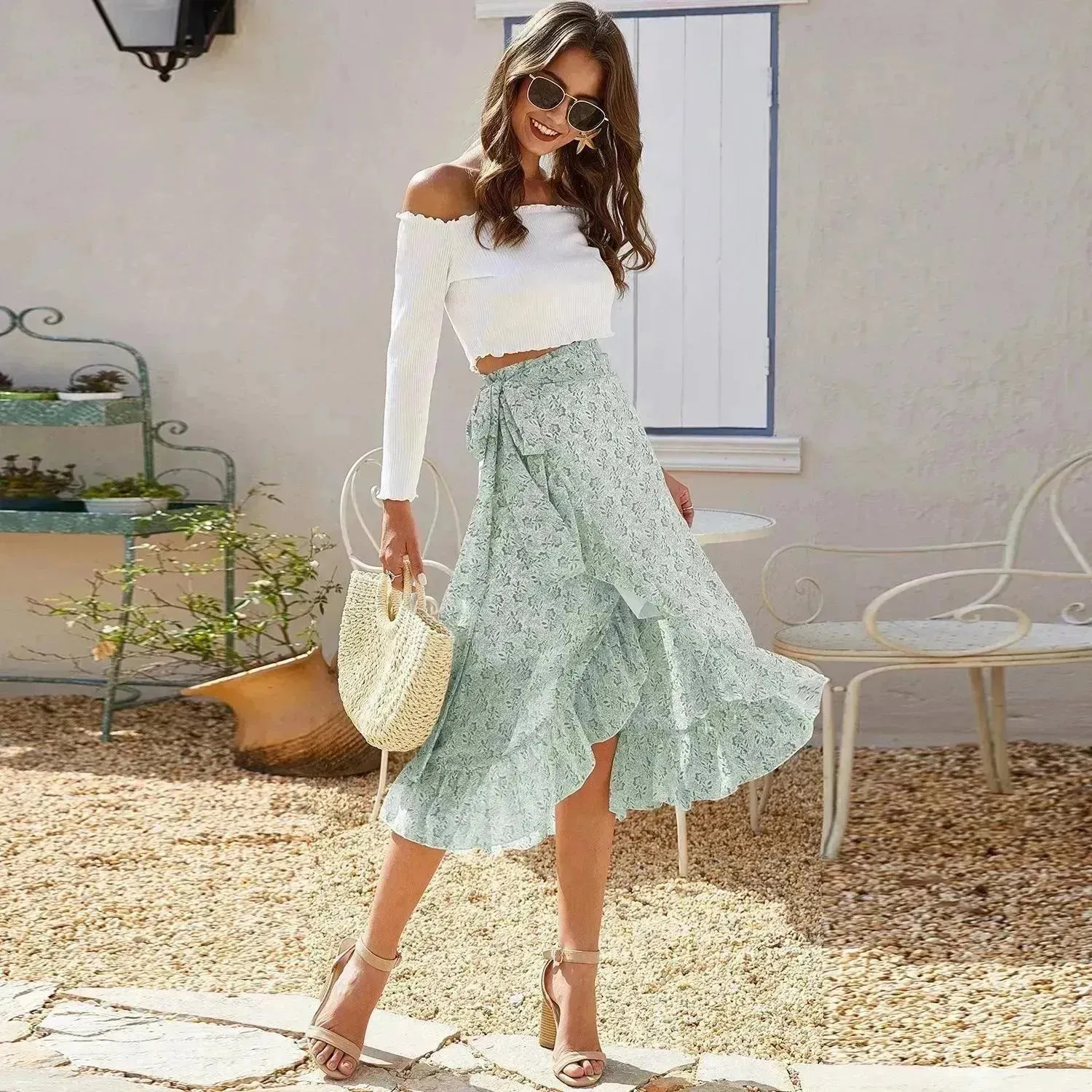 Printed Lace Up Split Expansion Midi  Floral Skirt With Lining