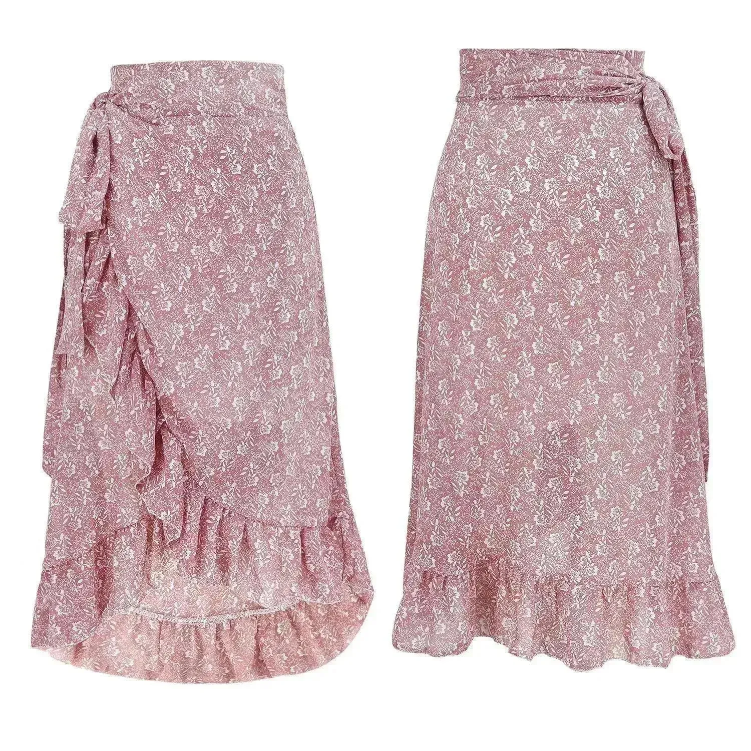 Printed Lace Up Split Expansion Midi  Floral Skirt With Lining