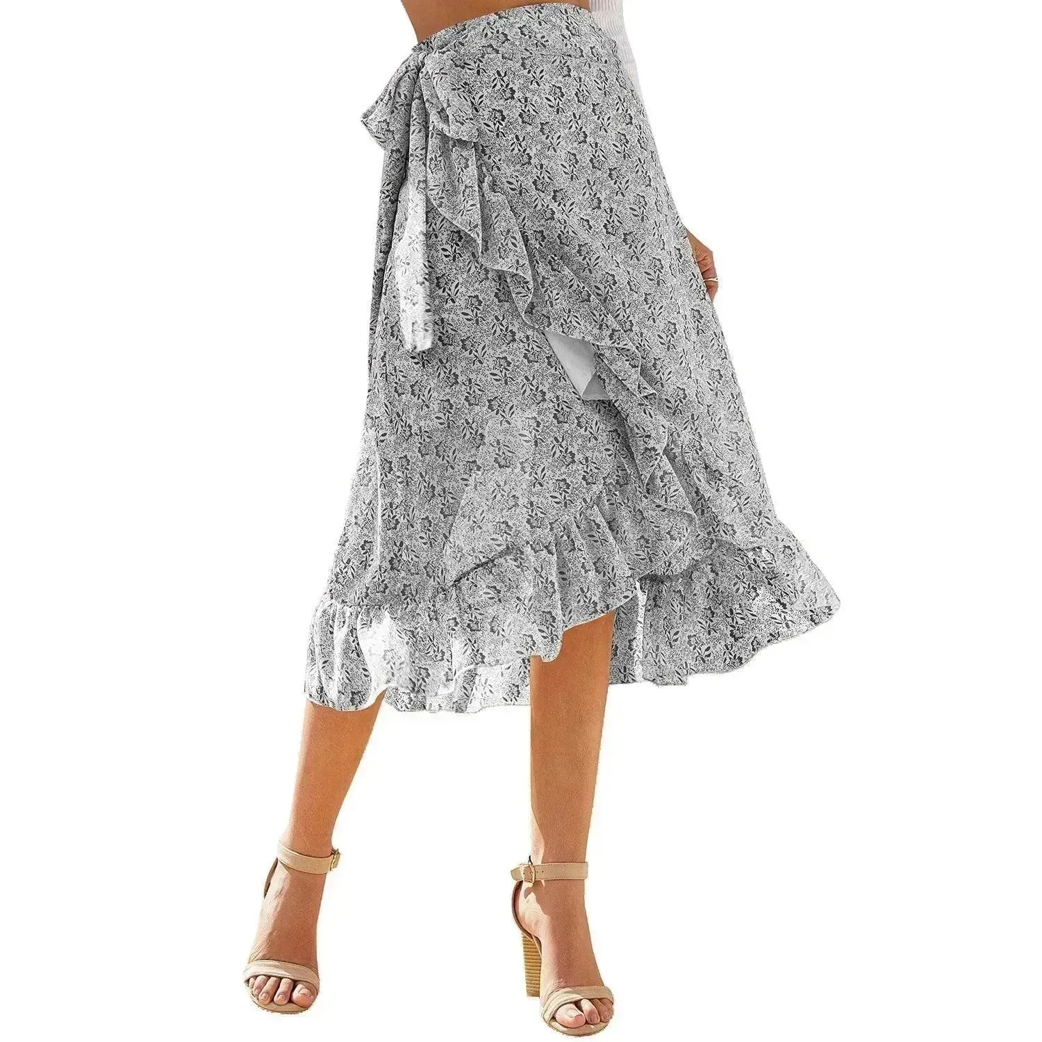 Printed Lace Up Split Expansion Midi  Floral Skirt With Lining