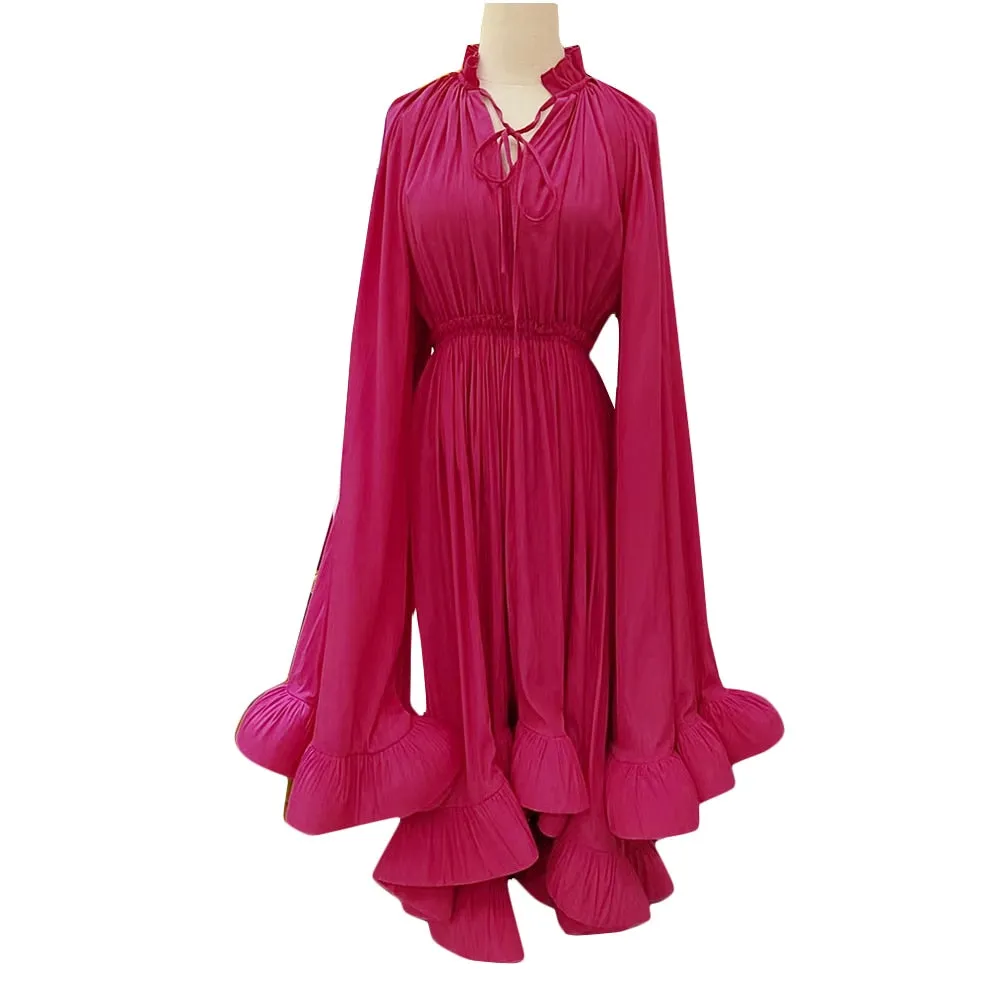 Puff Pleated Ruffles Cloak Midi Dress