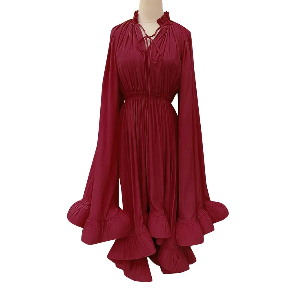 Puff Pleated Ruffles Cloak Midi Dress