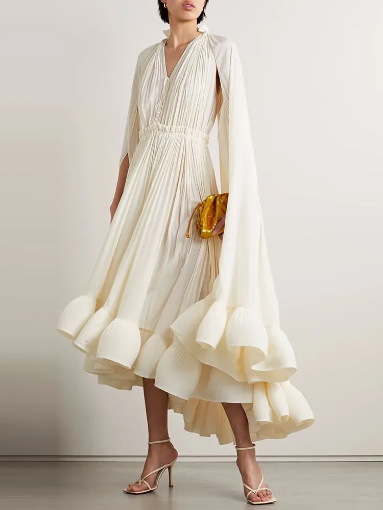 Puff Pleated Ruffles Cloak Midi Dress