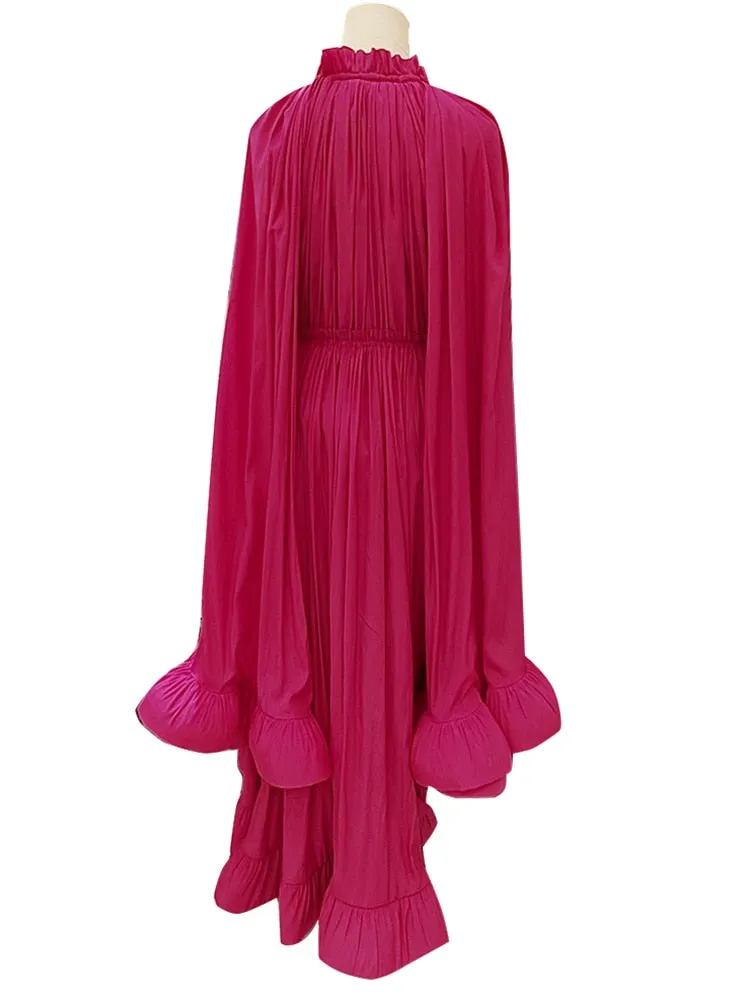 Puff Pleated Ruffles Cloak Midi Dress