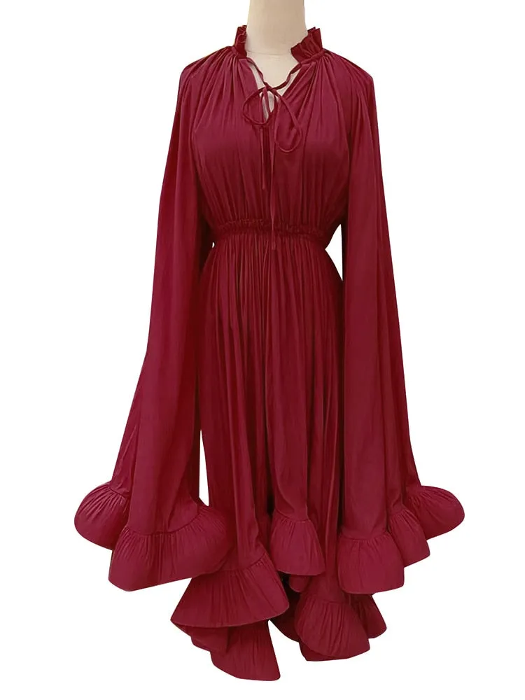 Puff Pleated Ruffles Cloak Midi Dress