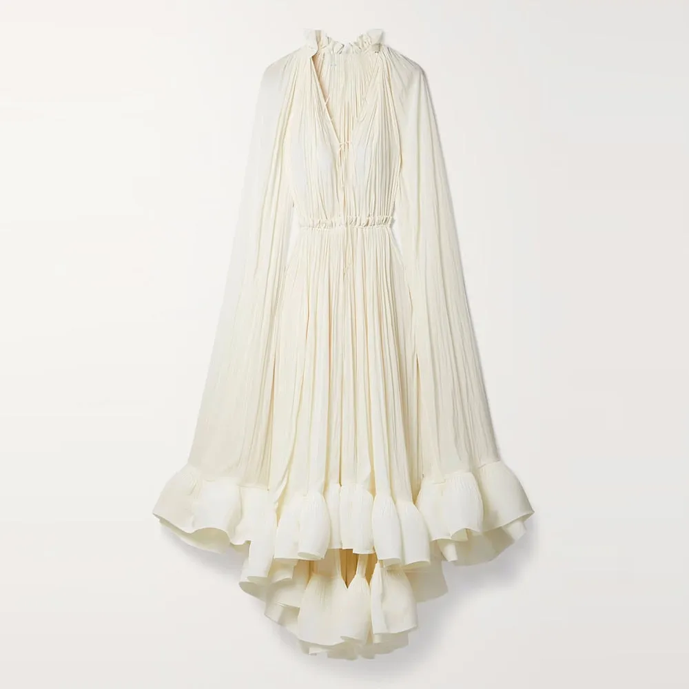 Puff Pleated Ruffles Cloak Midi Dress