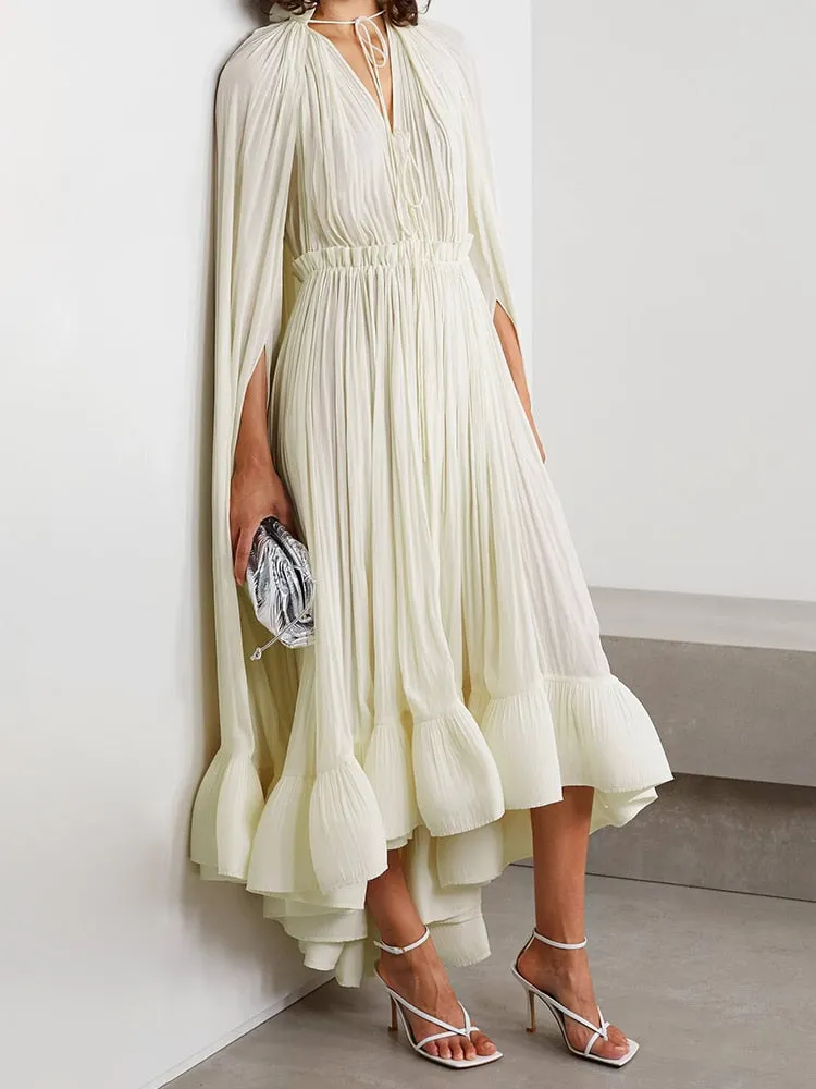 Puff Pleated Ruffles Cloak Midi Dress