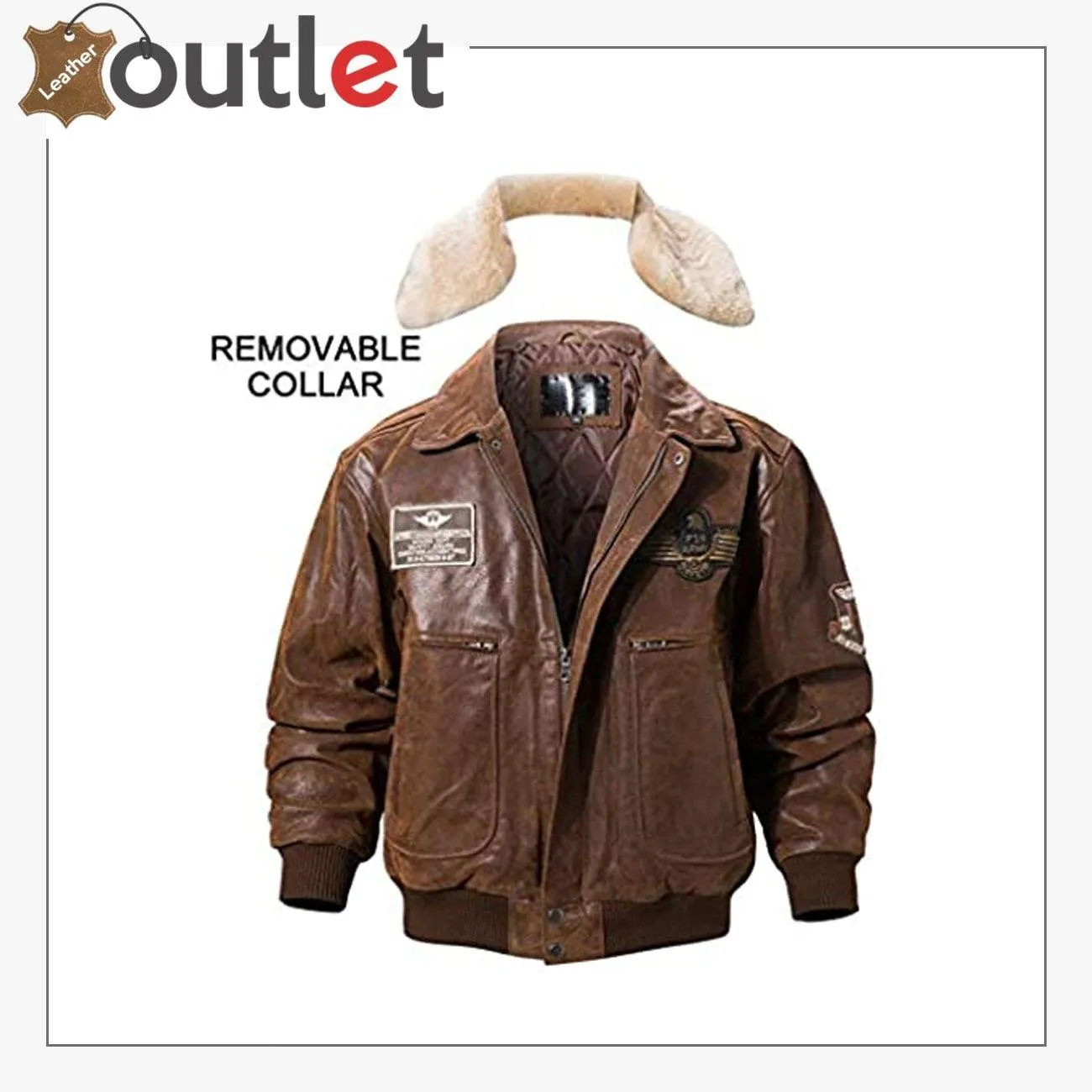 Real Leather Bomber Jacket with Removable Fur Collar Aviator