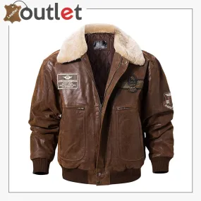 Real Leather Bomber Jacket with Removable Fur Collar Aviator