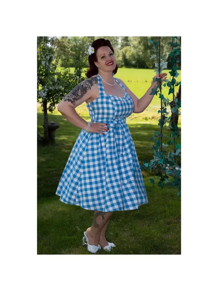 Retro Style Halter Neck Skater Dress Blue & White Gingham by Dolly and Dotty