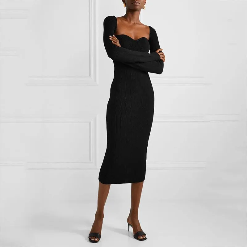 Ribbed Square Neck Bustier Long Sleeve Midi Dress