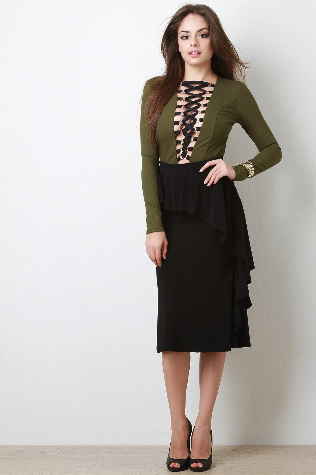 Ruffle Overlay Midi Skirt