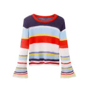 Runway Women's Short Pullover Sweater Fall Fashion Thin Round Neck Rainbow Striped Knit Mohair Ladies Jumper B-0096