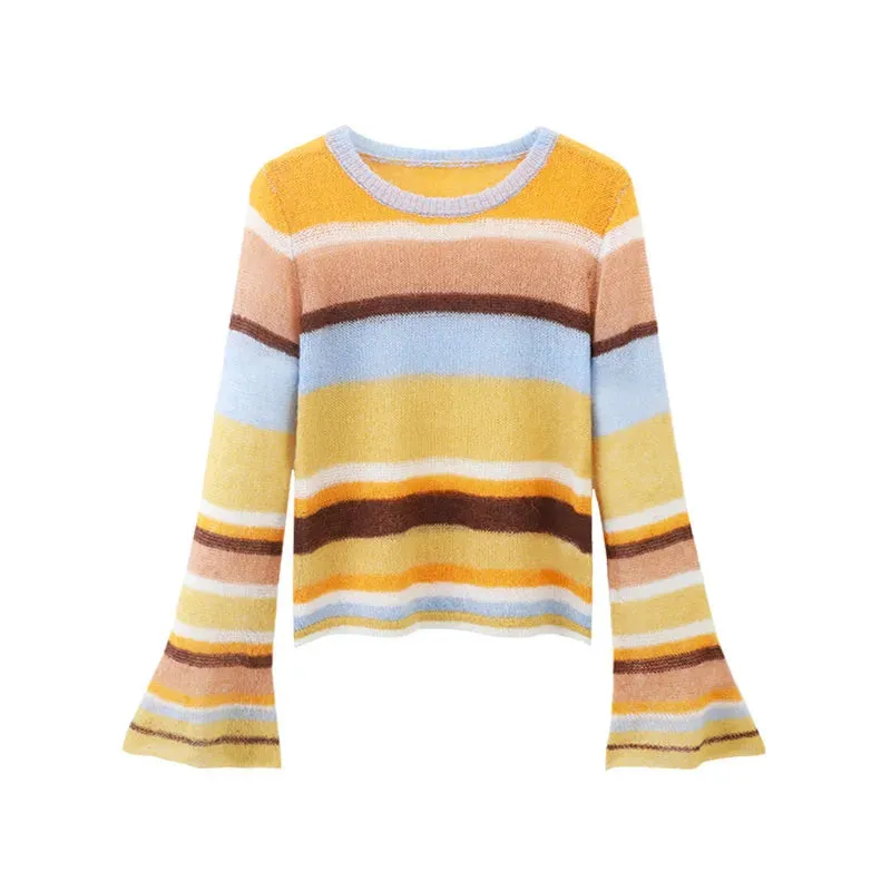 Runway Women's Short Pullover Sweater Fall Fashion Thin Round Neck Rainbow Striped Knit Mohair Ladies Jumper B-0096